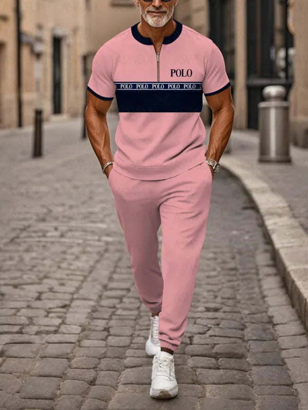 Zipper Short Sleeve Long Pants Two-Piece Set