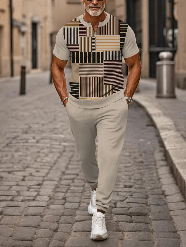 Zipper Short Sleeve Long Pants Two-Piece Set