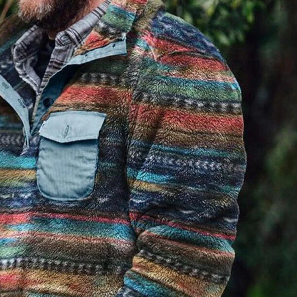 Retro Casual Color Striped Flannel Stand Collar Sweatshirt