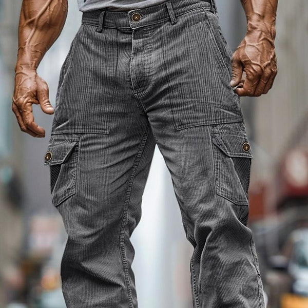 Solid Color Corduroy Multi-Pocket Cargo Straight Pants