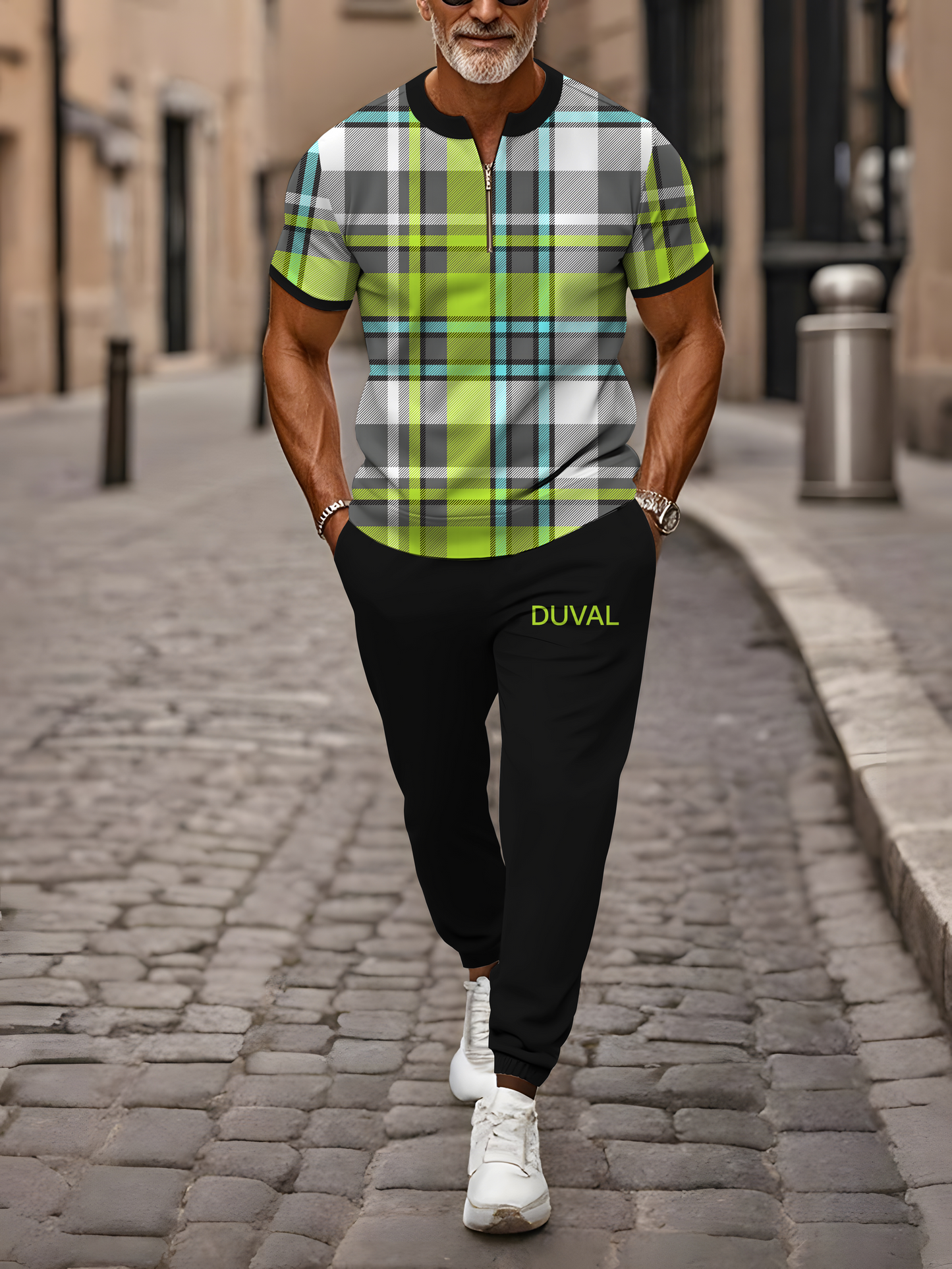 Zipper Short Sleeve Long Pants Two-Piece Set