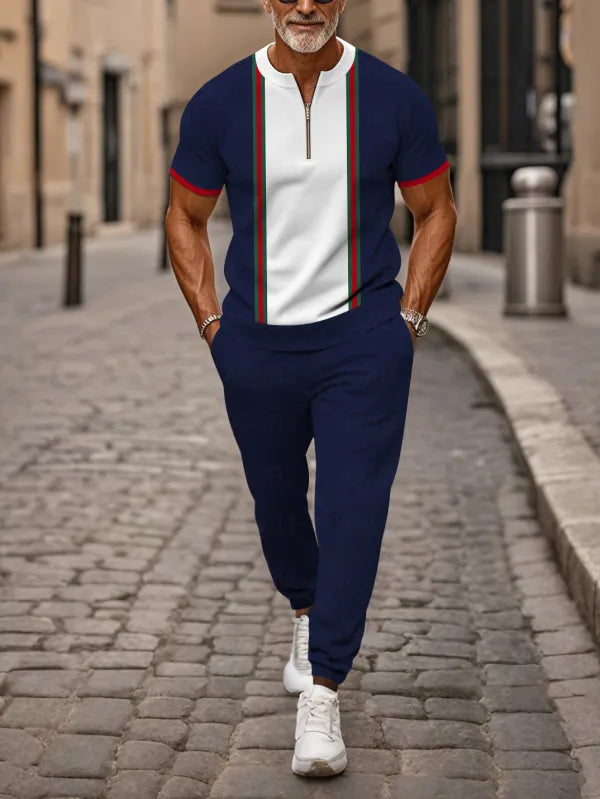 Zipper Short Sleeve Long Pants Two-Piece Set