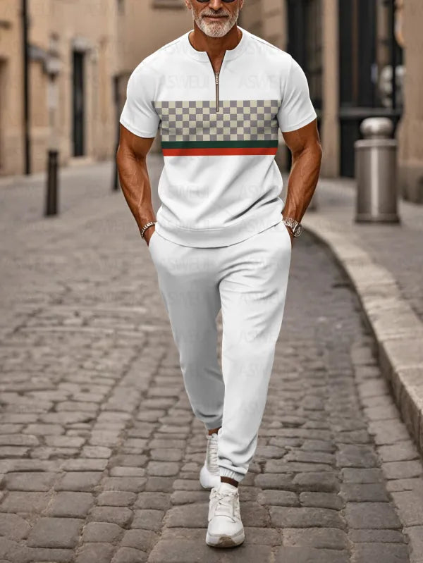 Zipper Short Sleeve Long Pants Two-Piece Set