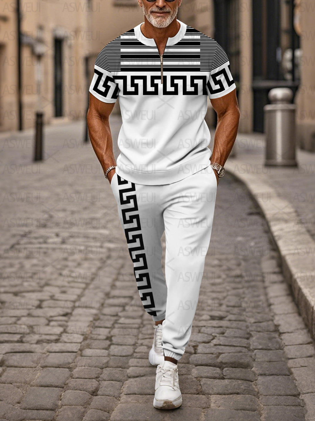 Zipper Short Sleeve Long Pants Two-Piece Set