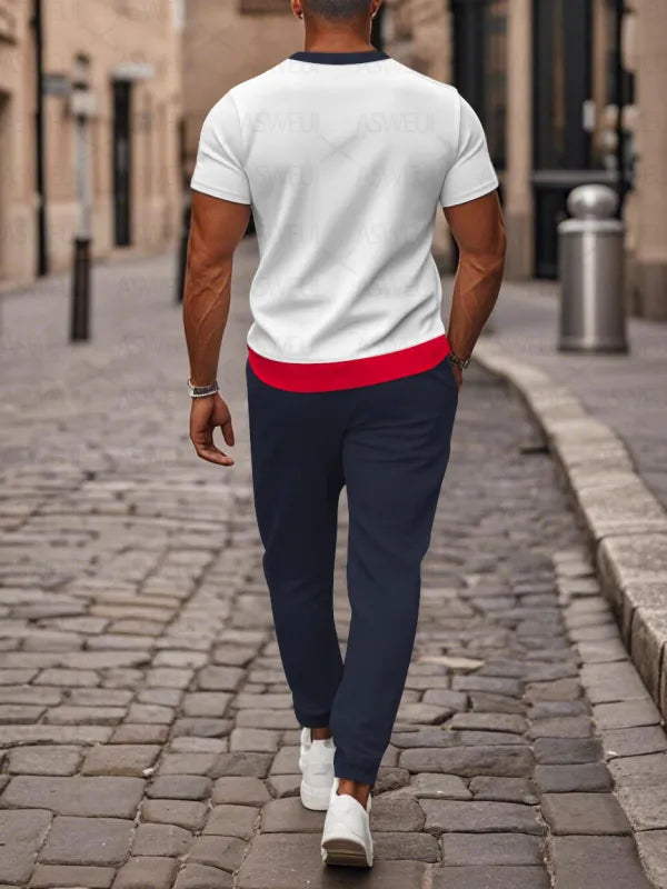 Zipper Short Sleeve Long Pants Two-Piece Set