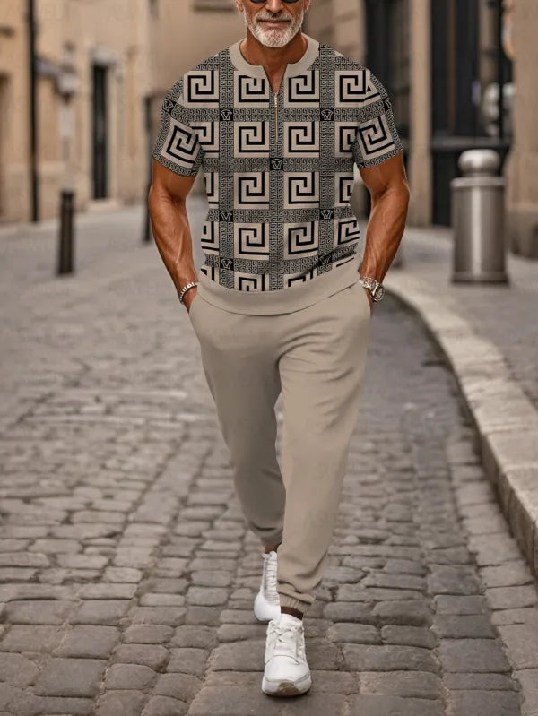 Zipper Short Sleeve Long Pants Two-Piece Set