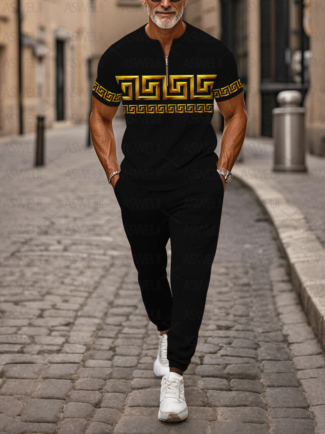 Zipper Short Sleeve Long Pants Two-Piece Set