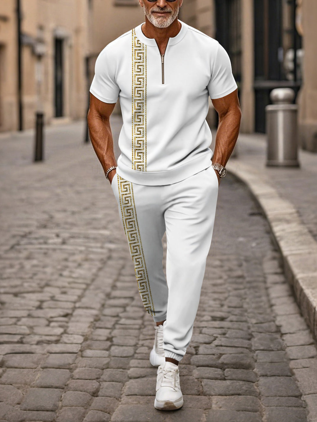 Zipper Short Sleeve Long Pants Two-Piece Set