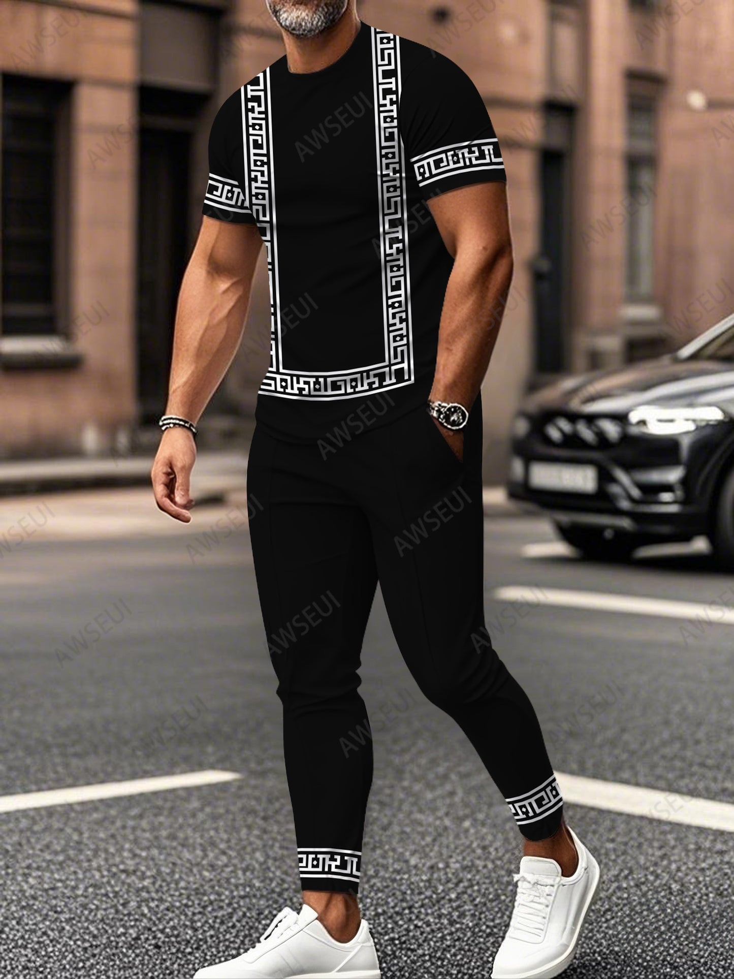 Zipper Short Sleeve Long Pants Two-Piece Set