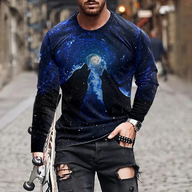 Men's T shirt Tee Wolf Graphic Prints Crew Neck Blue Long Sleeve 3D Print Outdoor Halloween Print Tops Basic Sports Designer Casual - DUVAL
