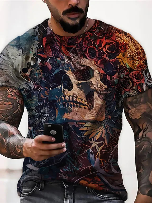 Men's Tee T shirt Shirt 3D Print Graphic Prints Skull Crew Neck Daily Holiday Print Short Sleeve Tops Casual Designer Big and Tall Brown / Summer - DUVAL