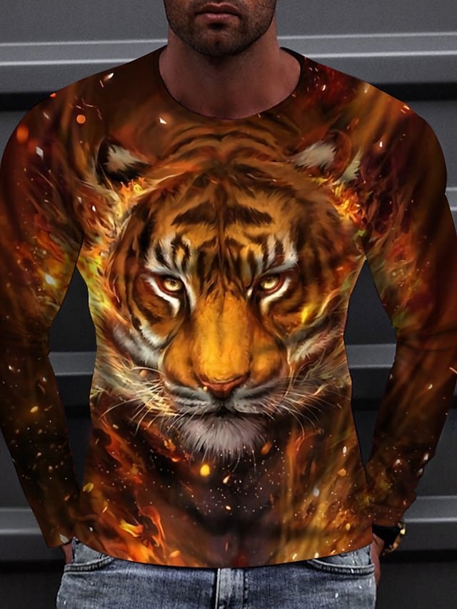 Men's T shirt Tee Animal Tiger Crew Neck Yellow 3D Print Outdoor Street Long Sleeve Print Clothing Apparel Sports Fashion Sportswear Casual / Summer / Spring / Summer - DUVAL