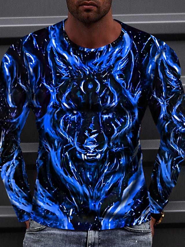 Men's T shirt Tee Animal Wolf Crew Neck Green Blue Purple Yellow Orange 3D Print Outdoor Street Long Sleeve Print Clothing Apparel Sports Fashion Sportswear Casual / Fall - DUVAL