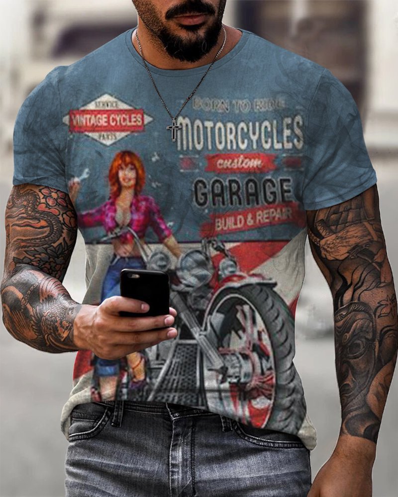 Men's Motorcycle Casual Print Short Sleeve T-Shirt - DUVAL