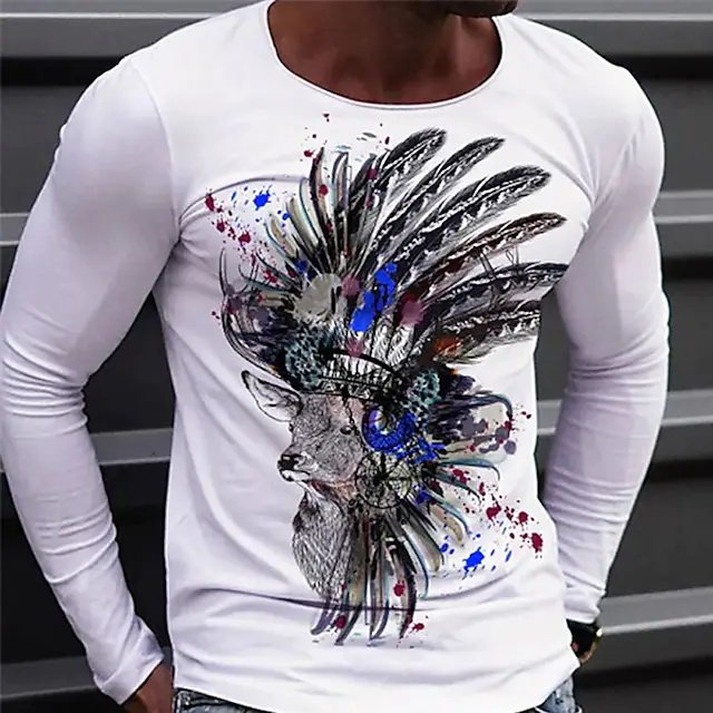 Men's T Shirt Tee 3D Print Graphic Prints Animal Crew Neck Street Daily Print Long Sleeve Tops Basic Casual Classic Big and Tall White - DUVAL