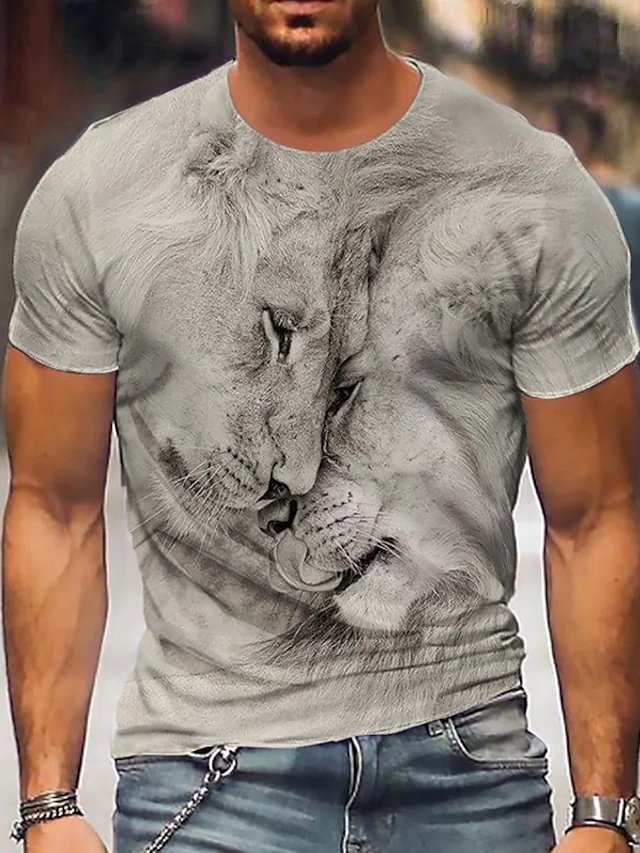 Men's Tee T shirt Tee Shirt 3D Print Graphic Prints Lion Crew Neck Daily Holiday Print Short Sleeve Tops Designer Casual Big and Tall Gray - DUVAL