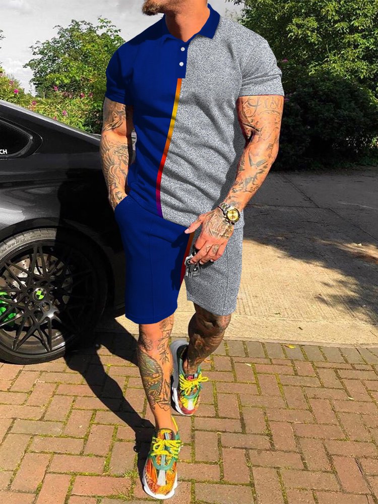 Men's Street Fashion Blue and Gray Contrast Printed Polo Suit - DUVAL