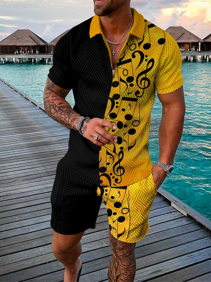 Yellow Musical Polo Shirt And Shorts Co-Ord