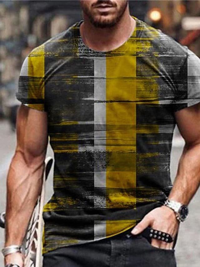 Men's T shirt Tee 3D Print Color Block Graphic Prints Crew Neck Street Daily Print Short Sleeve Tops Designer Casual Big and Tall Sports Gray Yellow - DUVAL