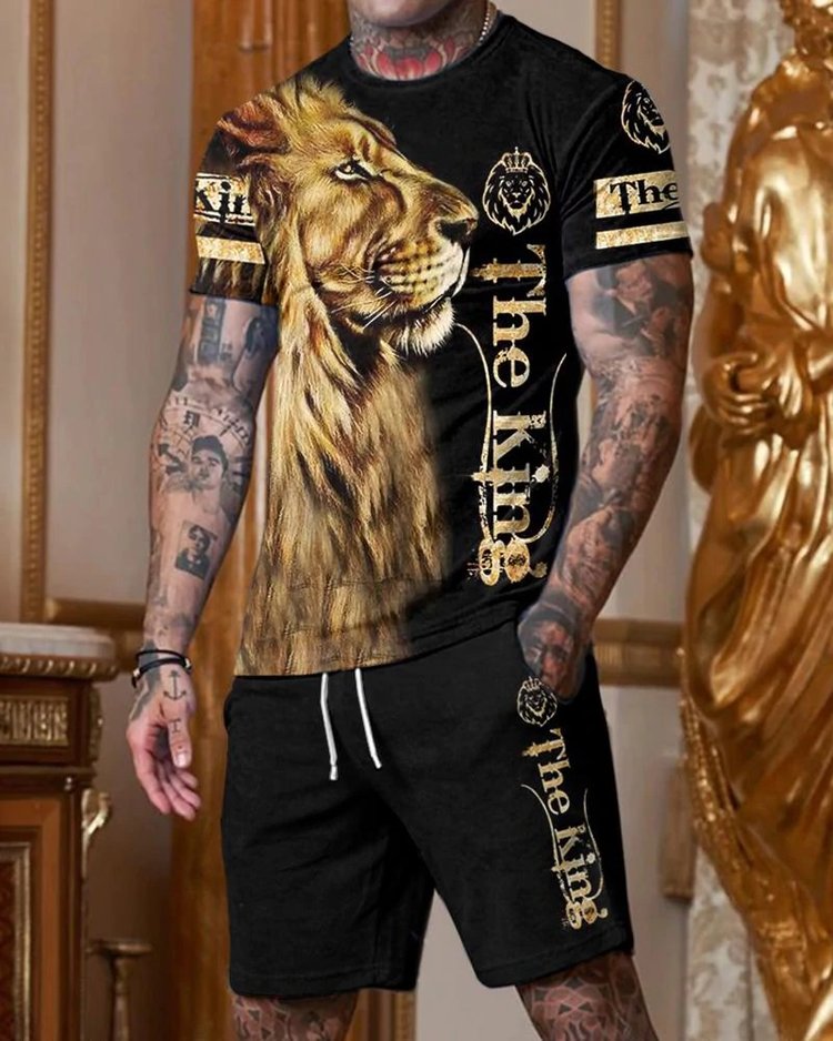 Men's Casual Black and Gold Lion Print Collar Suit - DUVAL
