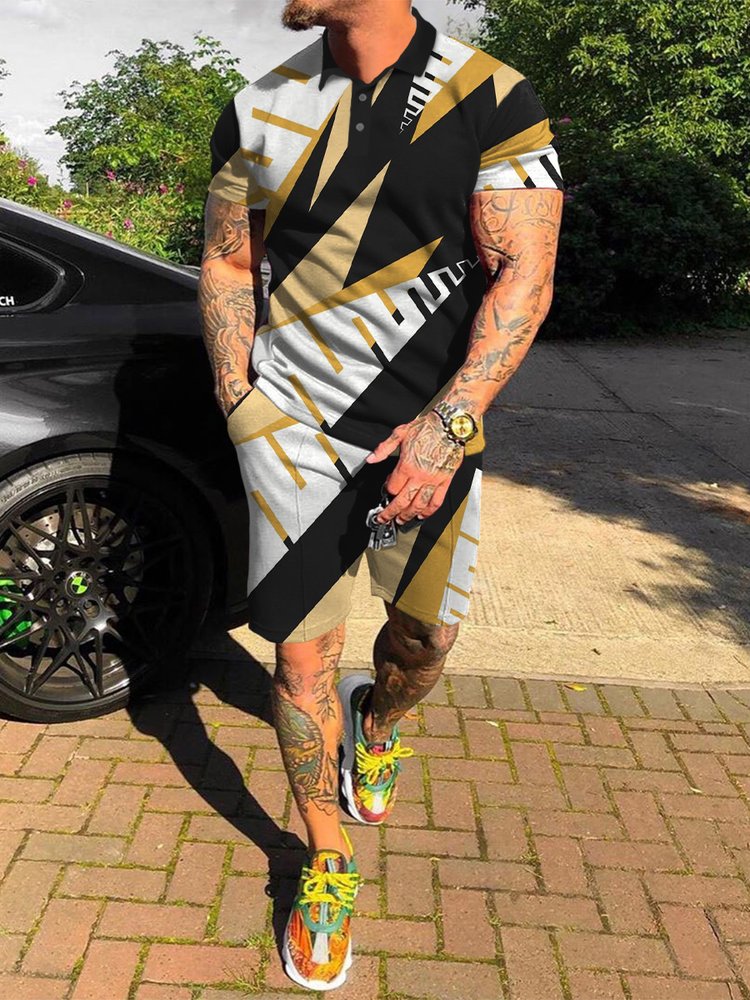 Men's Street Fashion Geometry Pattern Printed Polo Suit - DUVAL