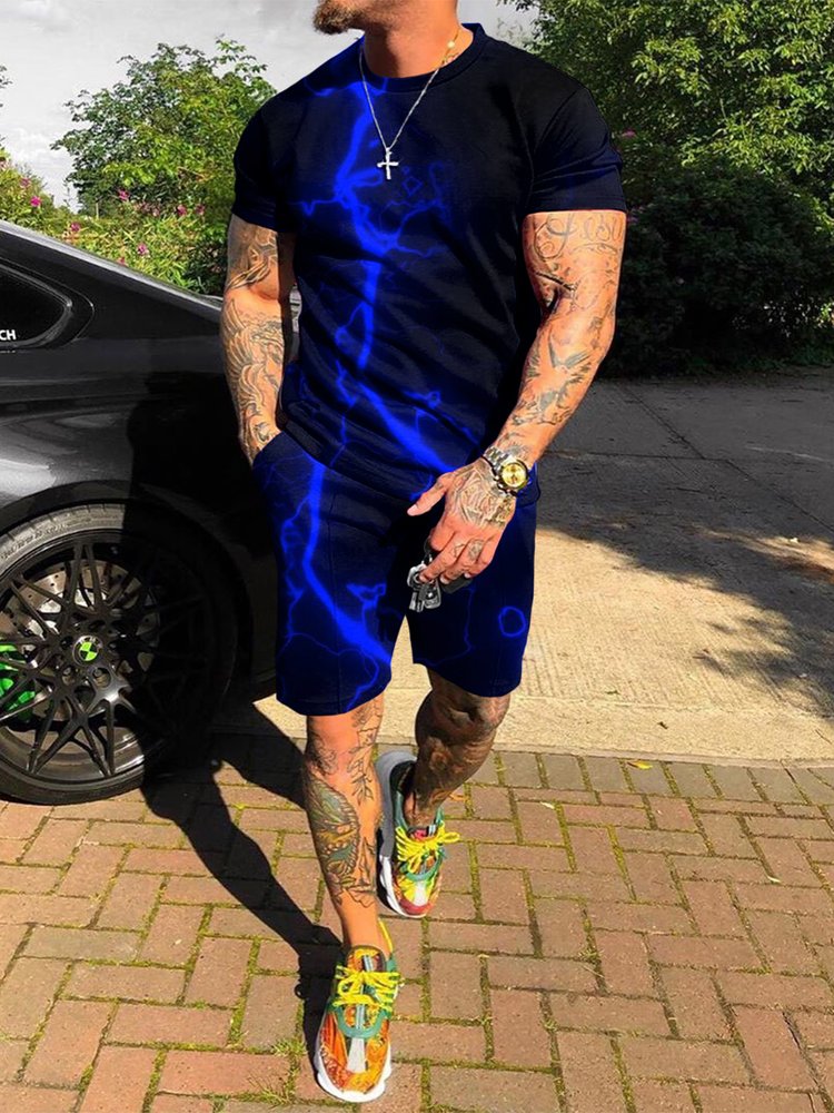 Men's Street Fashion Blue Lightning Print Casual Suit - DUVAL