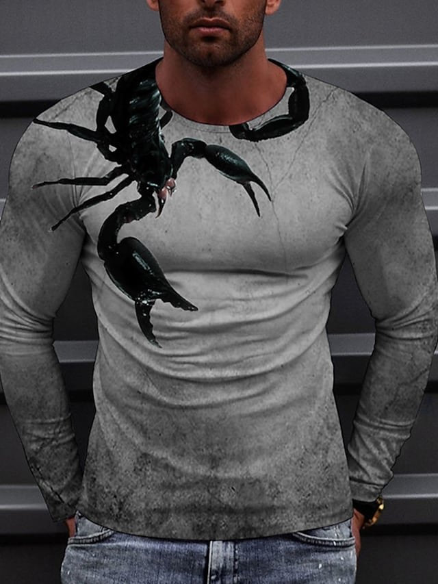 Men's T shirt Tee Shirt Tee Graphic Prints Scorpion Crew Neck Gray 3D Print Daily Holiday Long Sleeve Print Clothing Apparel Designer Casual Big and Tall - DUVAL