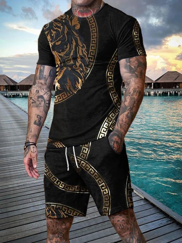 Men's Casual Black Lion Print Collar Suit - DUVAL