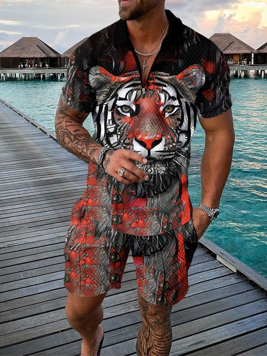 Tiger Drip Dark Polo Shirt And Shorts Co-Ord
