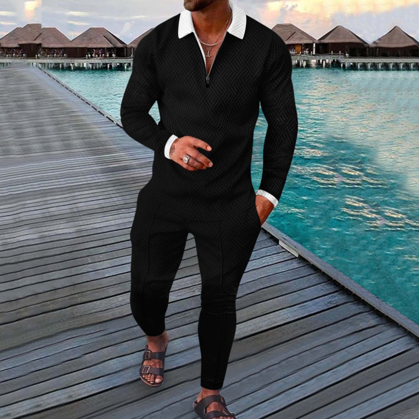 White Collared Long Sleeve Black Polo Suit