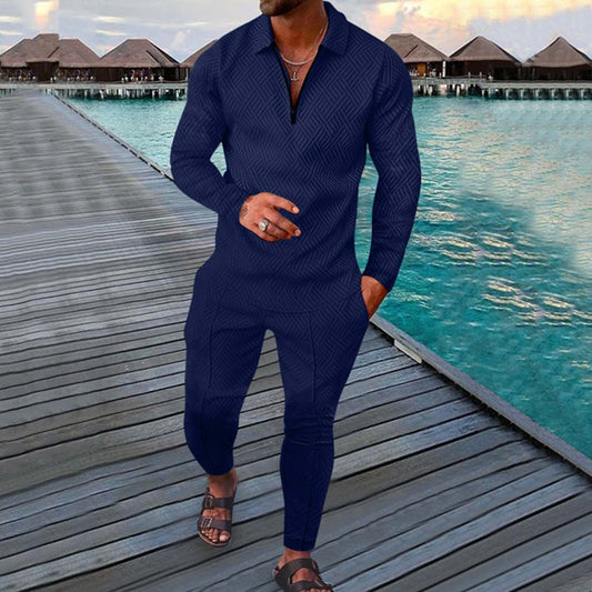 Seaside Casual Blue Printed Long Sleeve Polo Suit
