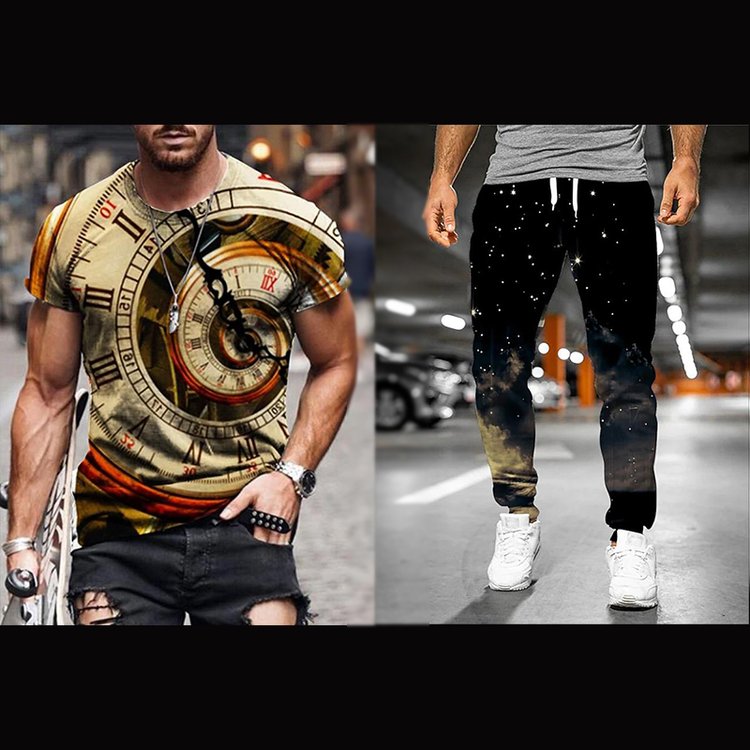 Men's Fashionable Casual Clock Print Short Sleeve Suit - DUVAL