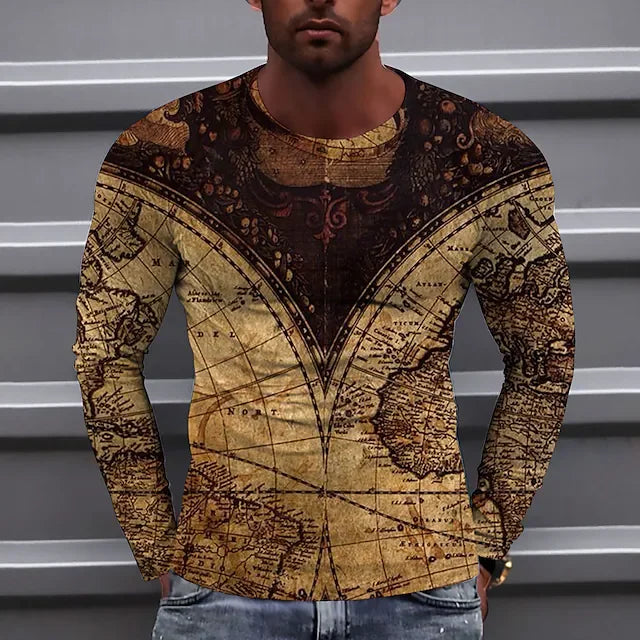 Men's T shirt Tee Map Graphic Prints Crew Neck Khaki Long Sleeve 3D Print Outdoor Street Print Tops Basic Sports Designer Casual - DUVAL