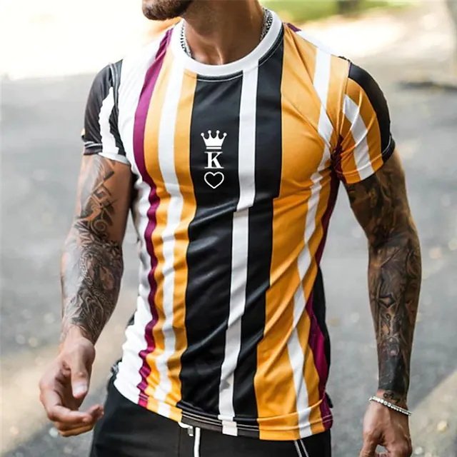 Men's T shirt Tee 3D Print Striped Graphic Prints Crew Neck Street Daily Print Short Sleeve Tops Casual Classic Big and Tall Sports Yellow - DUVAL