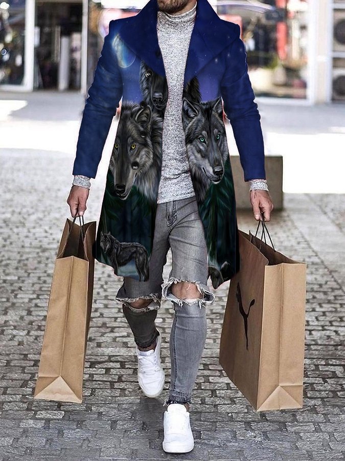 Casual Wolf Print Men's Coat Jacket - DUVAL