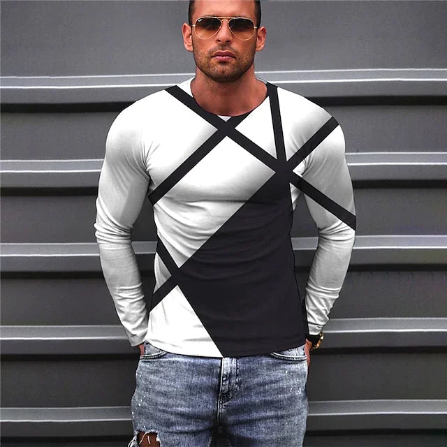 Men's T shirt Tee Color Block Graphic Prints Crew Neck White Long Sleeve 3D Print Outdoor Street Print Tops Basic Sports Designer Casual - DUVAL