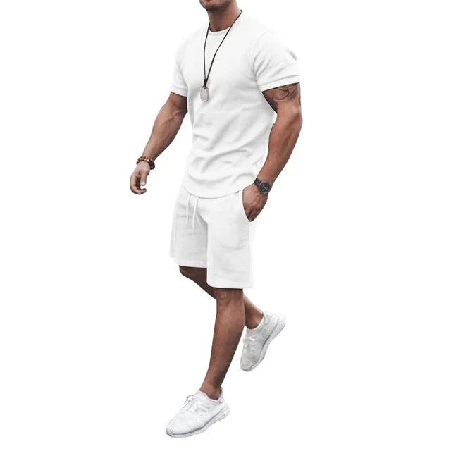 Summer Solid White Sports Hawaiian Suit Short Sleeve - DUVAL