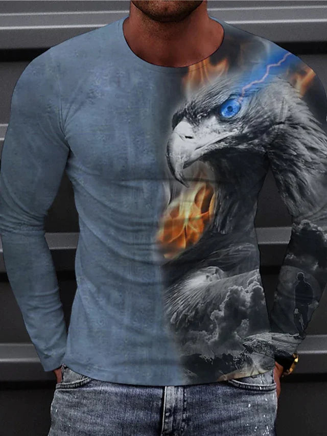 Men's T shirt Tee Graphic Prints Eagle Crew Neck Blue 3D Print Daily Holiday Long Sleeve Print Clothing Apparel Designer Casual Big and Tall - DUVAL