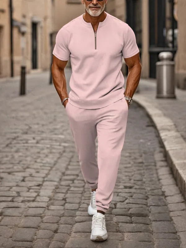 Zipper Short Sleeve Long Pants Two-Piece Set - DUVAL