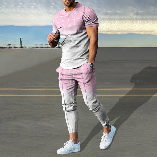 Gradient Pink Check Print T-Shirt And Pants Co-Ord