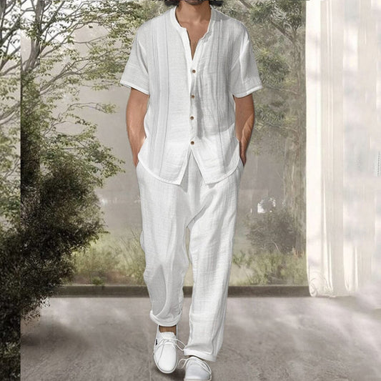 Hypemode Chemise boutonnée unie et pantalon à taille avec cordon de serrage pour homme sans t-shirt 