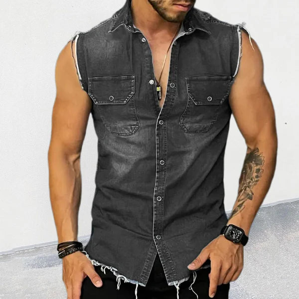 Vintage Lapel Sleeveless Denim Shirt