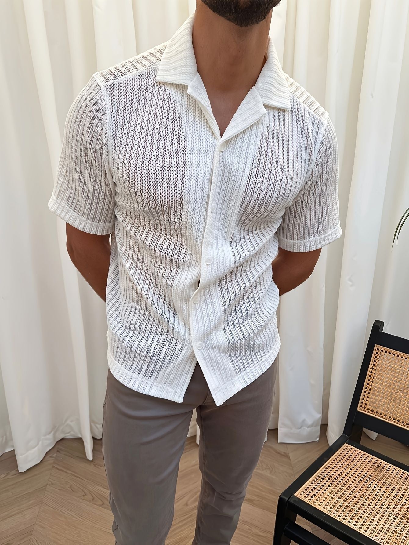 Hypemode Chemise boutonnée unie et pantalon à taille avec cordon de serrage pour homme sans t-shirt 