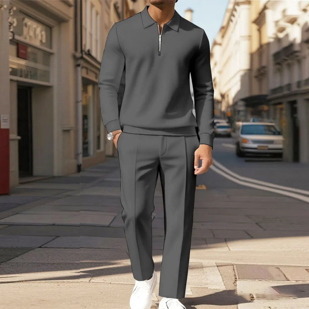 Zipper Long Sleeve Polo Long Pants Two-Piece Set