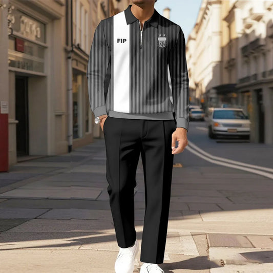 Zipper Long Sleeve Polo Long Pants Two-Piece Set