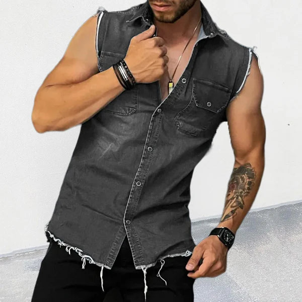 Vintage Lapel Sleeveless Denim Shirt