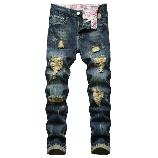 Men Cotton Ripped Straight Leg Jeans