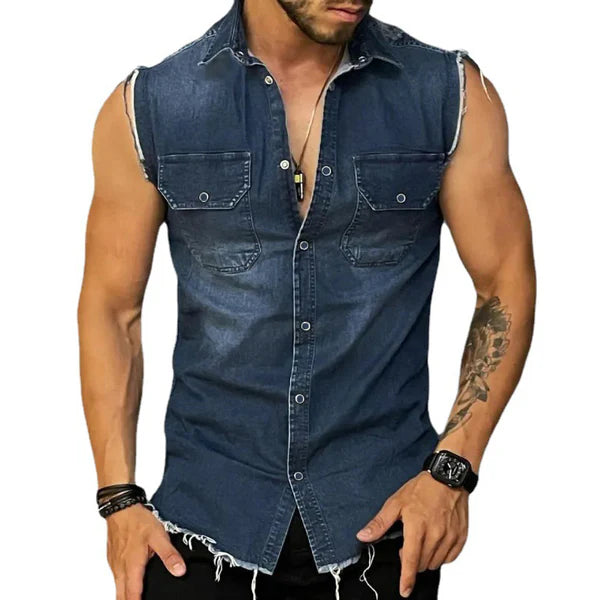 Vintage Lapel Sleeveless Denim Shirt