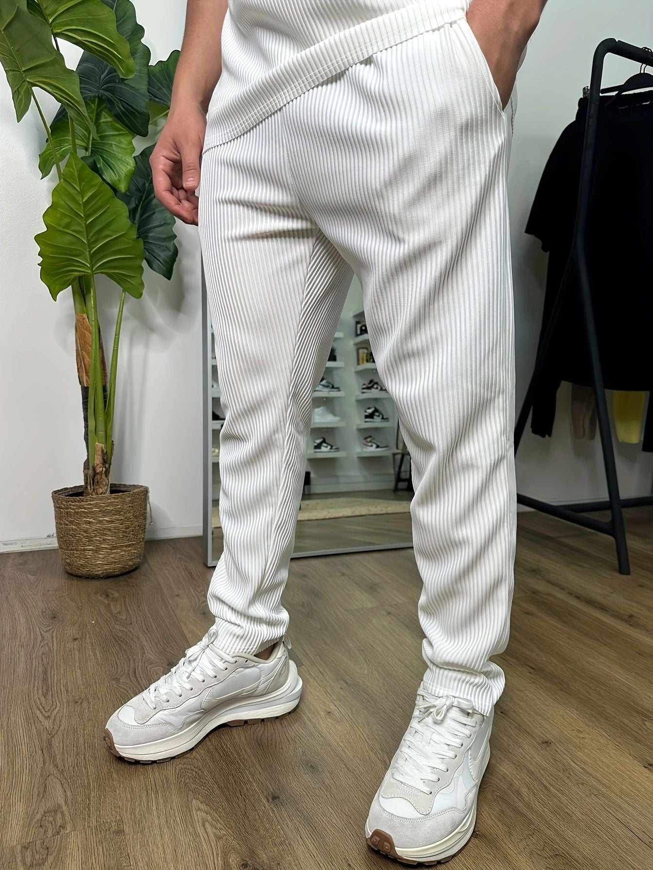 Hypemode Chemise boutonnée unie et pantalon à taille avec cordon de serrage pour homme sans t-shirt 