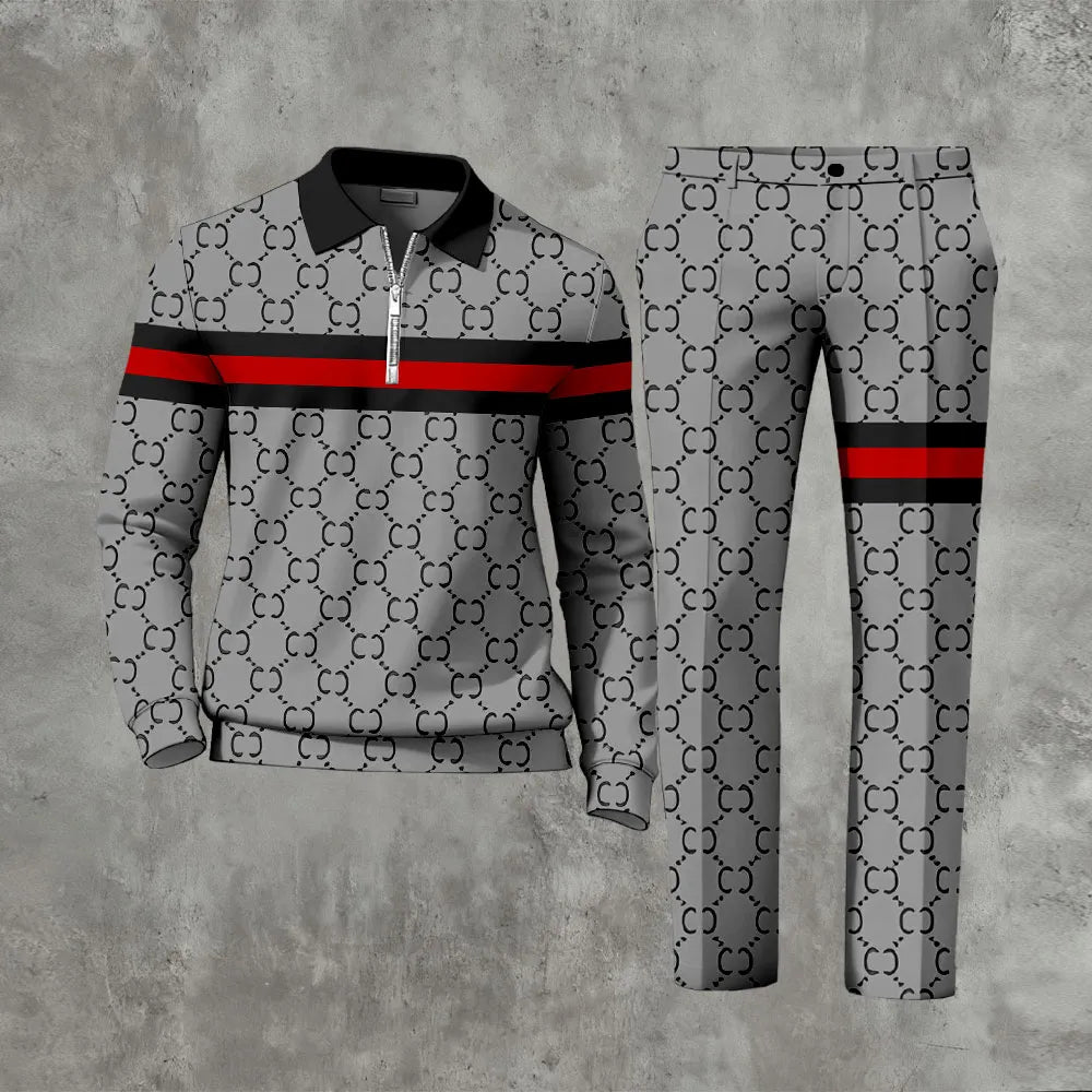 Polo-Collar Zipper Long Sleeved Trousers Two-Piece Set - DUVAL